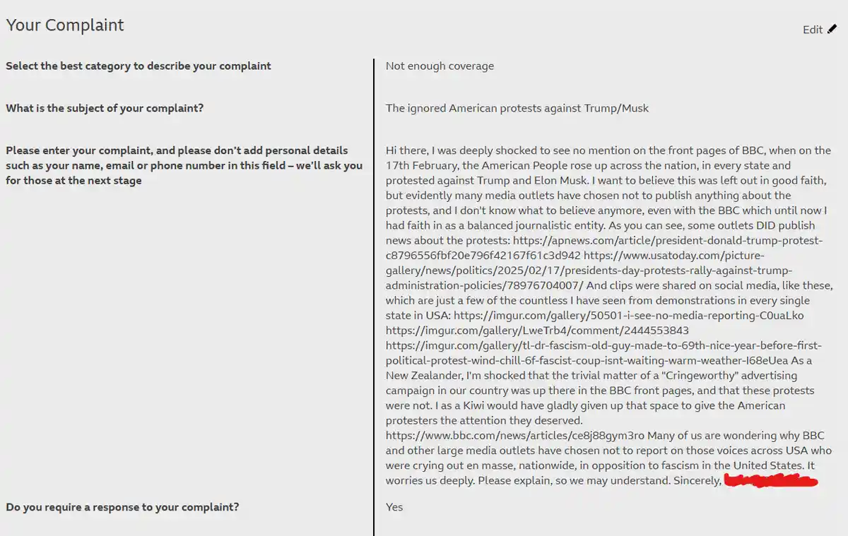 A screenshot of a BBC complaint form where a user claims the BBC ignored massive American protests against Trump and Musk…