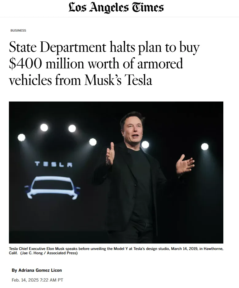 A screenshot of a Los Angeles Times article shows a photo of Elon Musk speaking at a Tesla event, with the headline overlaid…