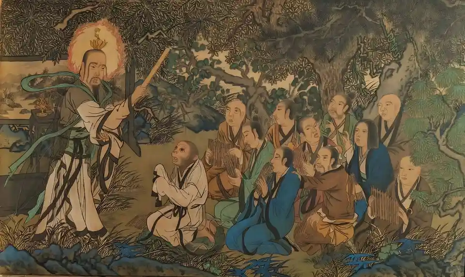 an ancient chinese painting depicts a stern buddha figure with a halo and staff standing before a group of monks and a…