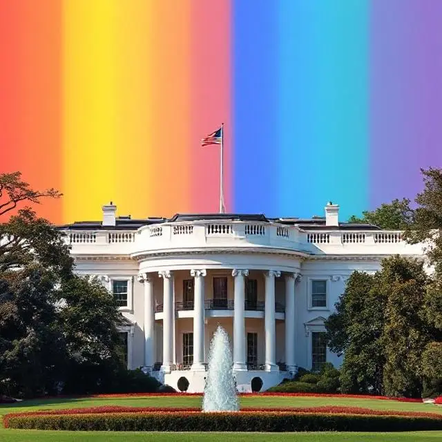 the white house is shown with a vibrant rainbow gradient overlaid across the sky behind it, replacing the natural sky. The…