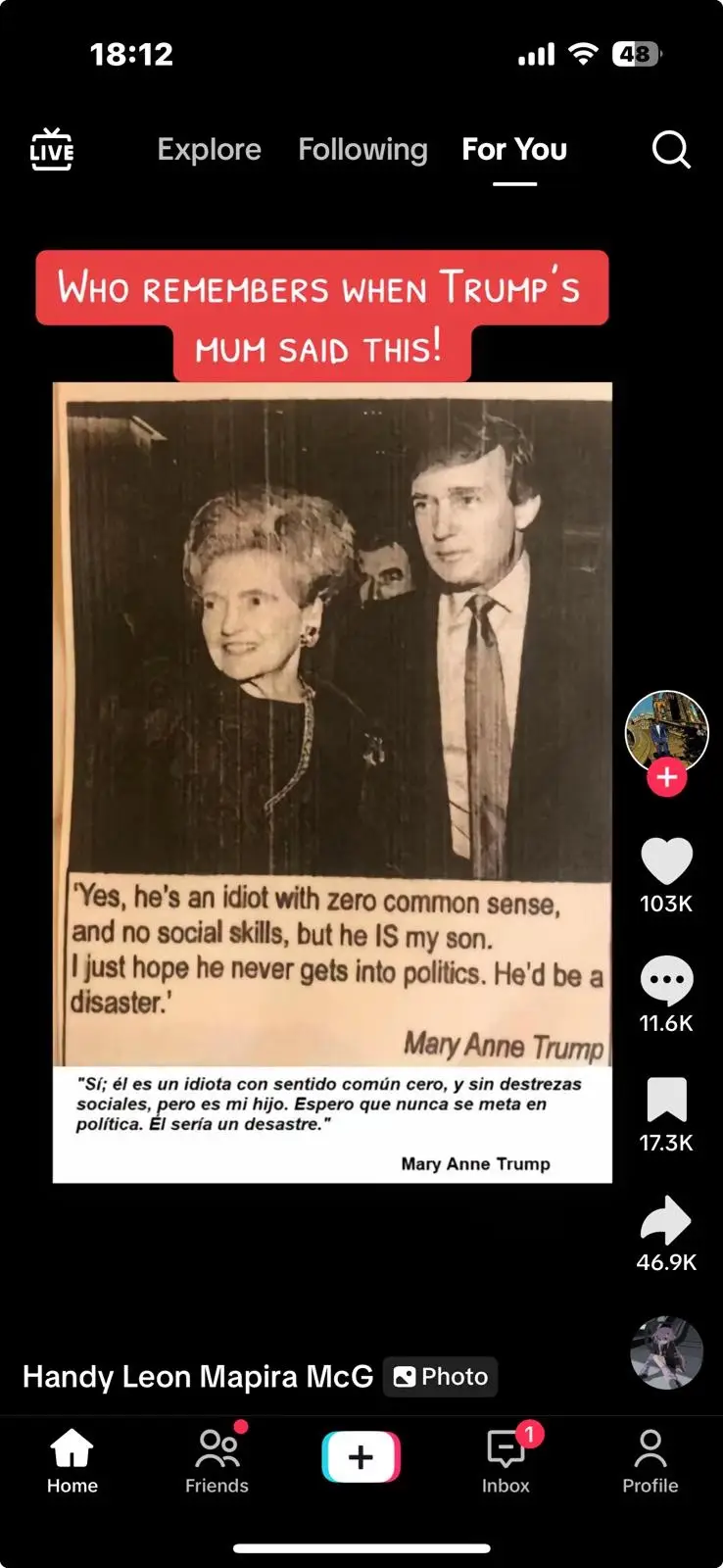 A black-and-white photo shows Mary Anne Trump standing beside a younger Donald Trump. Overlaid text quotes her saying her…