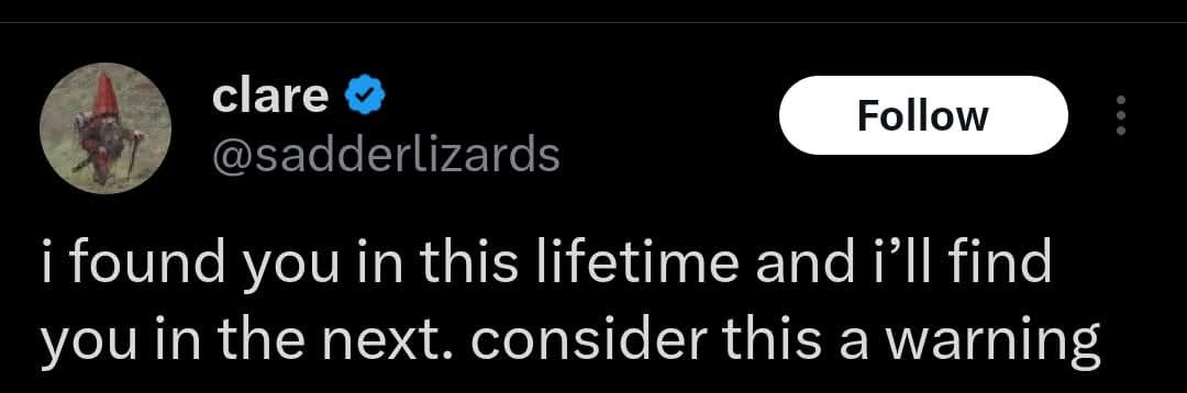 A screenshot of a Twitter post by user 'clare' (@sadderlizards) with a profile picture of a gnome. The tweet reads: 'i found…