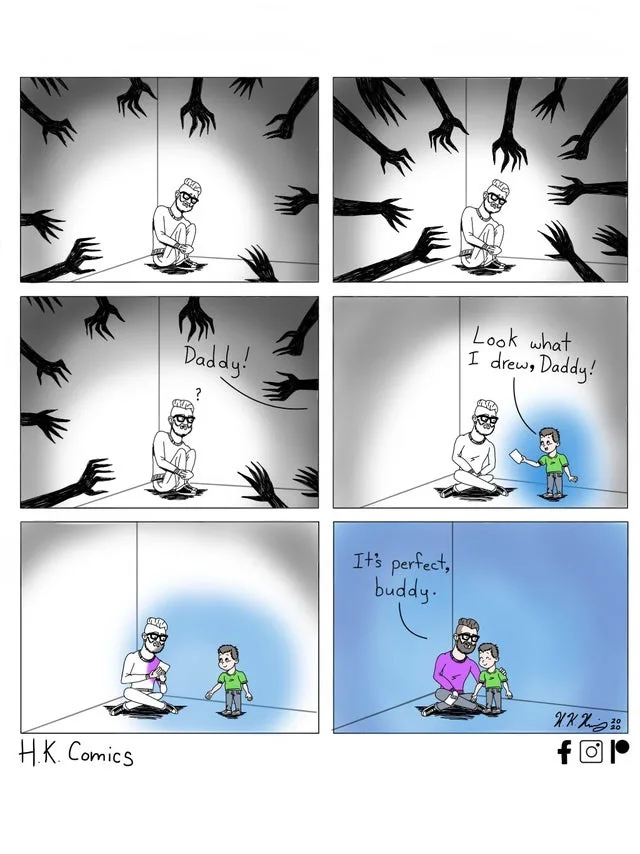 A six-panel comic strip shows a man sitting in a dark room surrounded by menacing black hands. A child approaches him…