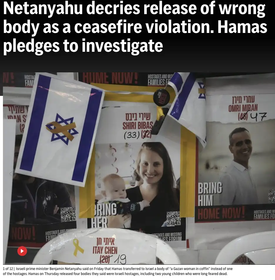 A photo shows posters of Israeli hostages with their names and ages, adorned with Israeli flags and yellow ribbons…