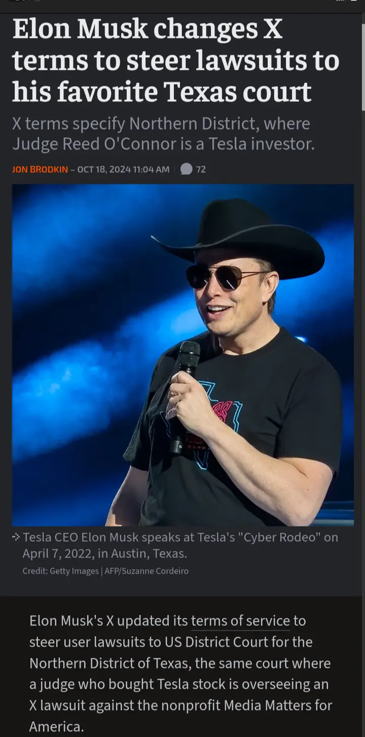 A screenshot of a news article about Elon Musk changing X's terms to steer lawsuits to a Texas court, featuring a photo of…