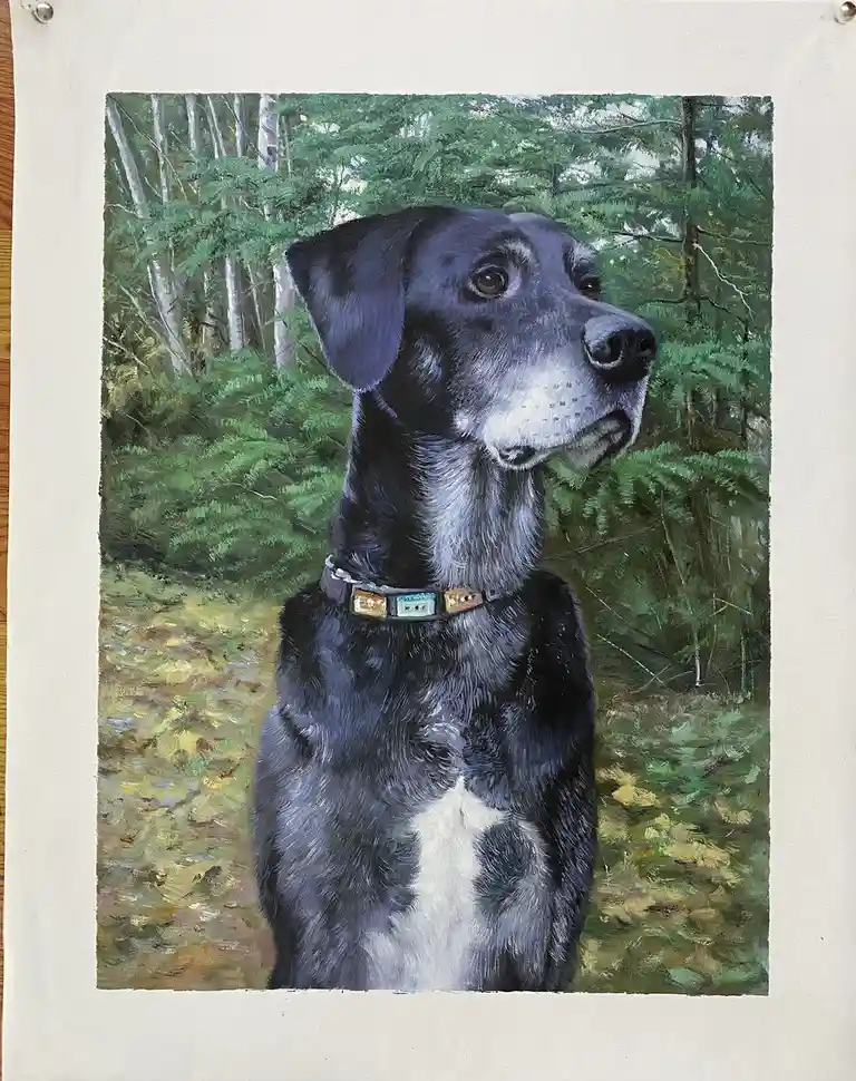 A detailed oil painting of a black and white dog with a collar, sitting in a forest setting with green trees and foliage…