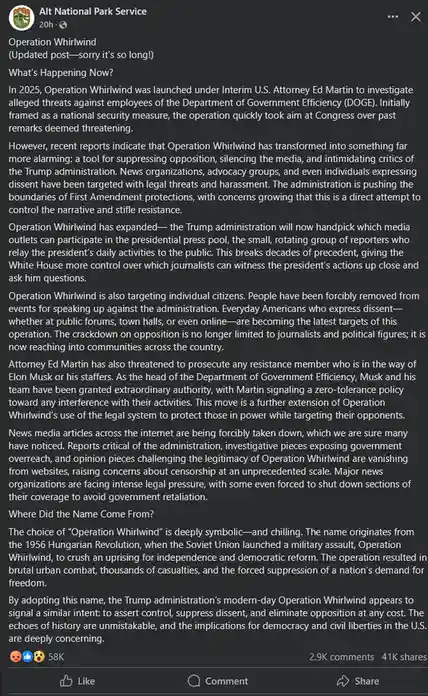 A screenshot of a social media post from 'Alt National Park Service' detailing a fictional 'Operation Whirlwind' launched in…