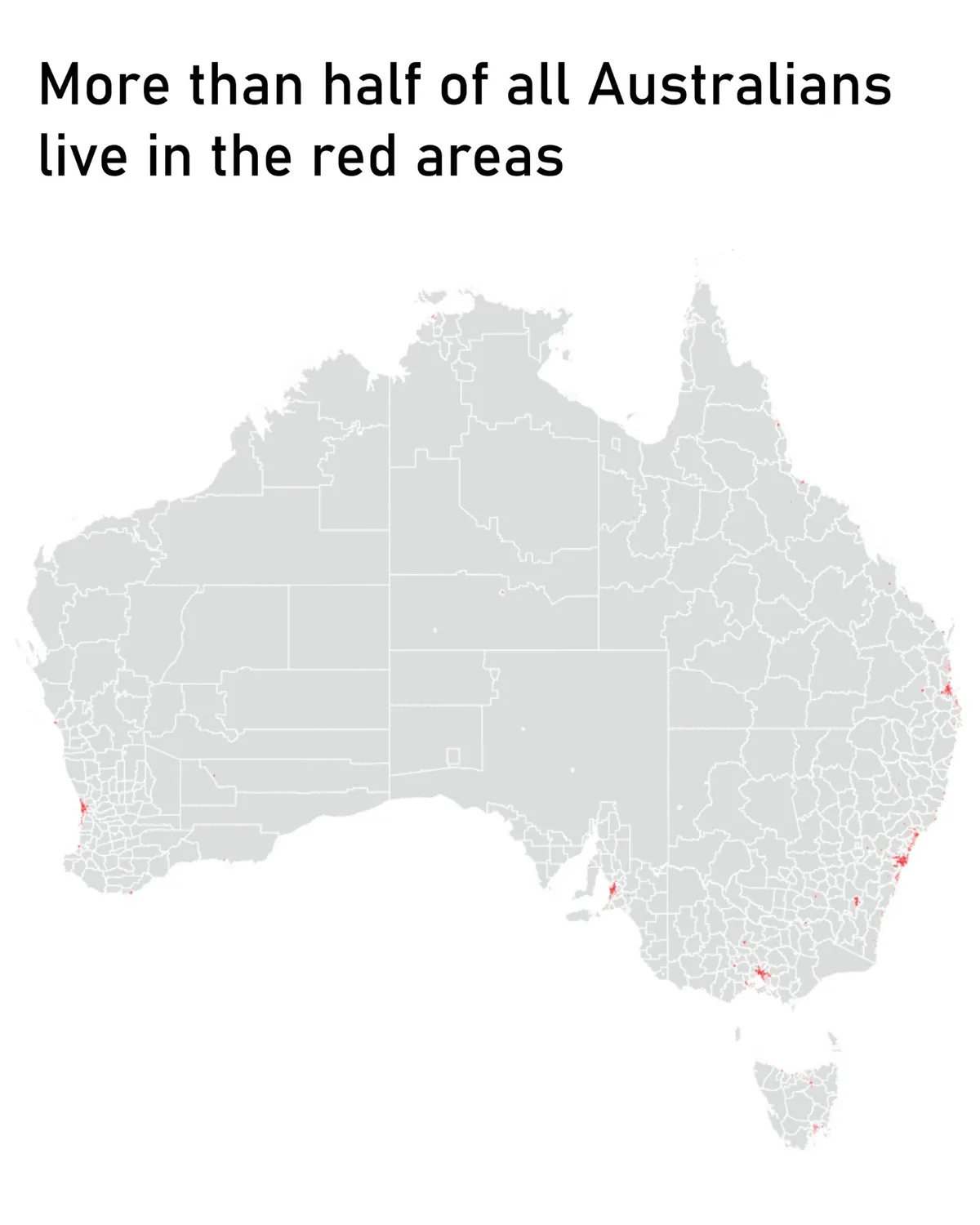A grayscale map of Australia with numerous small red dots concentrated along the eastern and southeastern coasts, and a few…