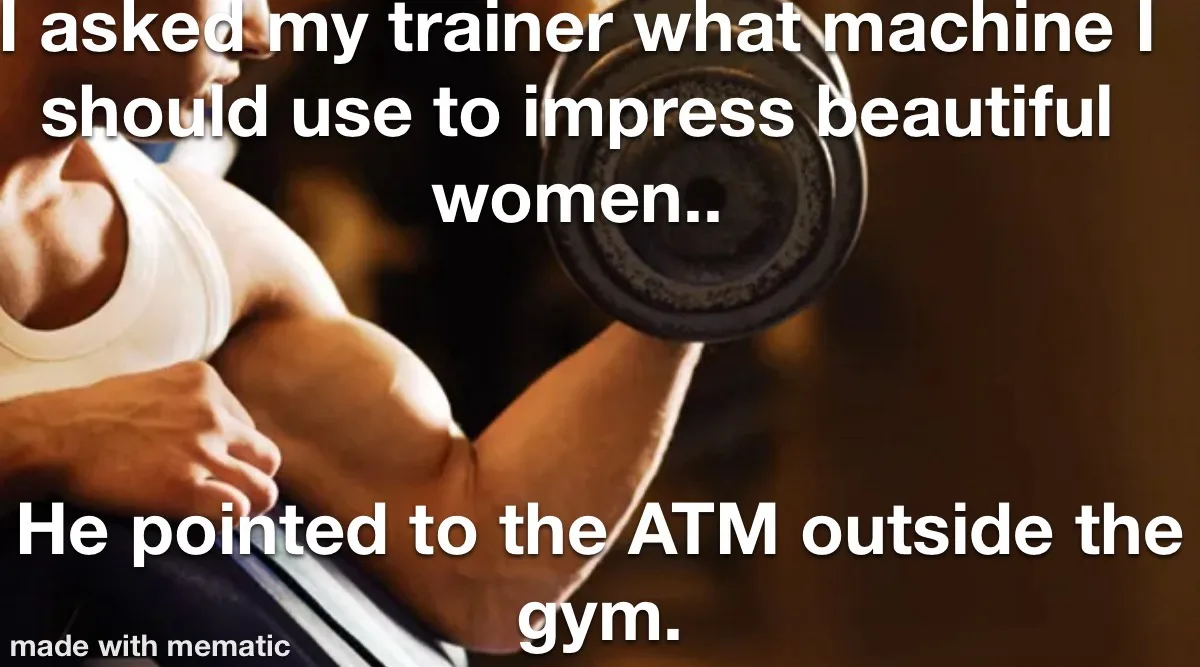 A muscular man in a white tank top is lifting a dumbbell in a gym, with overlaid white text that reads: 'I asked my trainer…