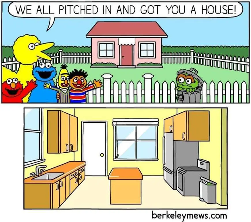 The top panel shows Sesame Street characters Big Bird, Elmo, Cookie Monster, and others standing outside a small pink house…
