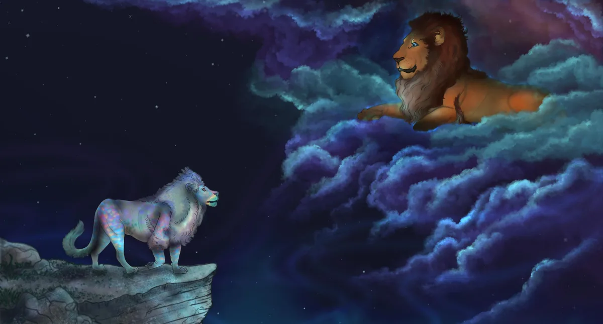 A small, iridescent lion stands on a cliff under a starry night sky, looking up at a larger, majestic lion lounging in…