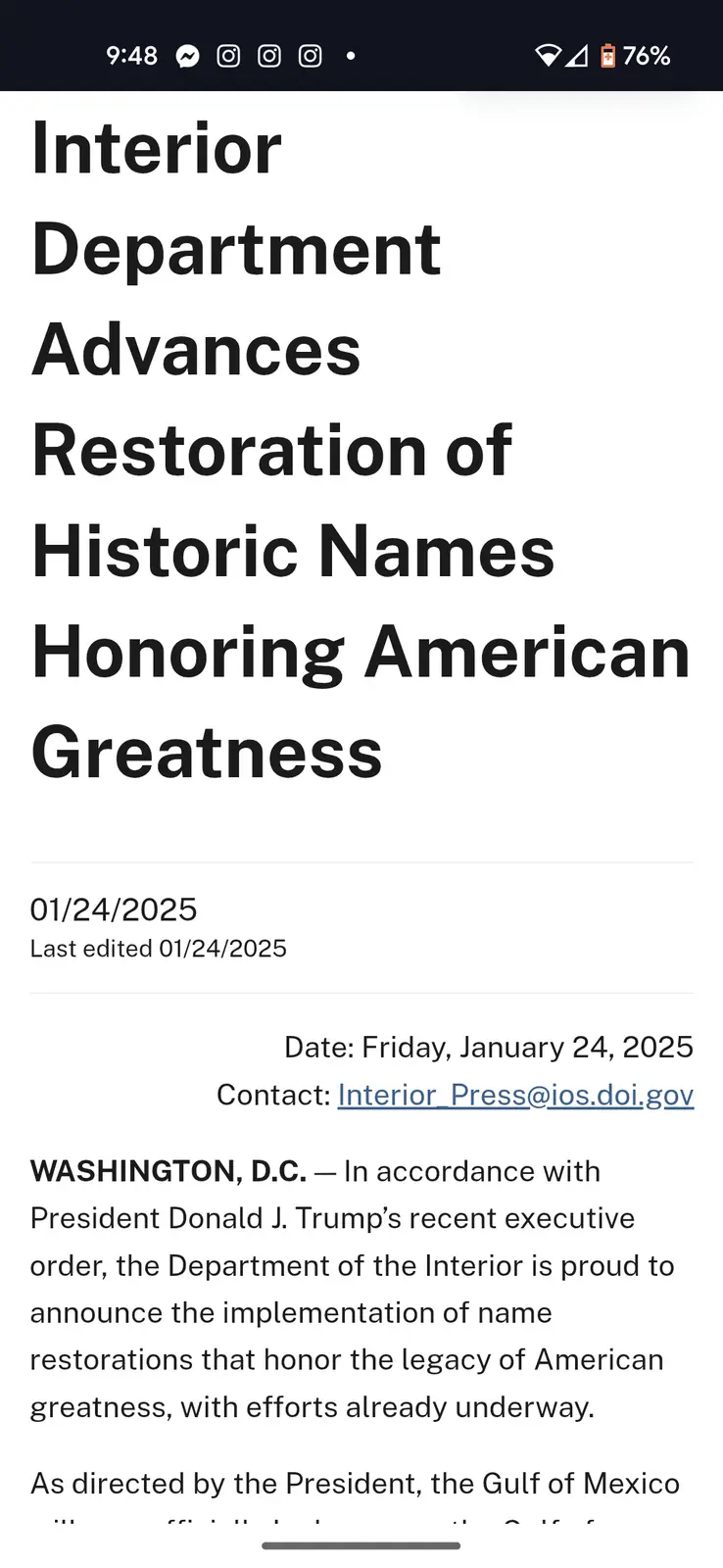 A screenshot of a fake government press release from the Interior Department dated January 24, 2025, announcing the…