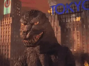 A sequence of six frames shows the kaiju Godzilla standing in a cityscape with a 'TOKYO' sign visible in the background. In…