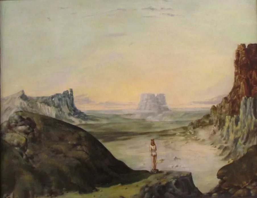 A vintage painting depicts a lone woman in a swimsuit standing on a rocky outcrop in a vast, arid canyon landscape with…