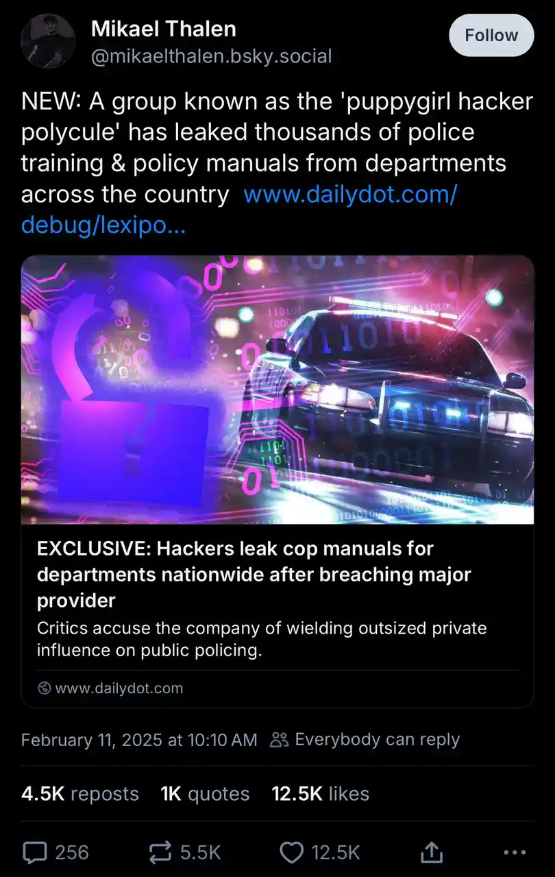 The image is a screenshot of a social media post that includes a news article headline about hackers leaking police manuals…