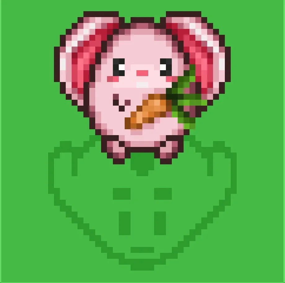 A pixel art image shows a pink, cartoonish rabbit-like creature with red hair, holding a carrot and a green leafy vegetable…
