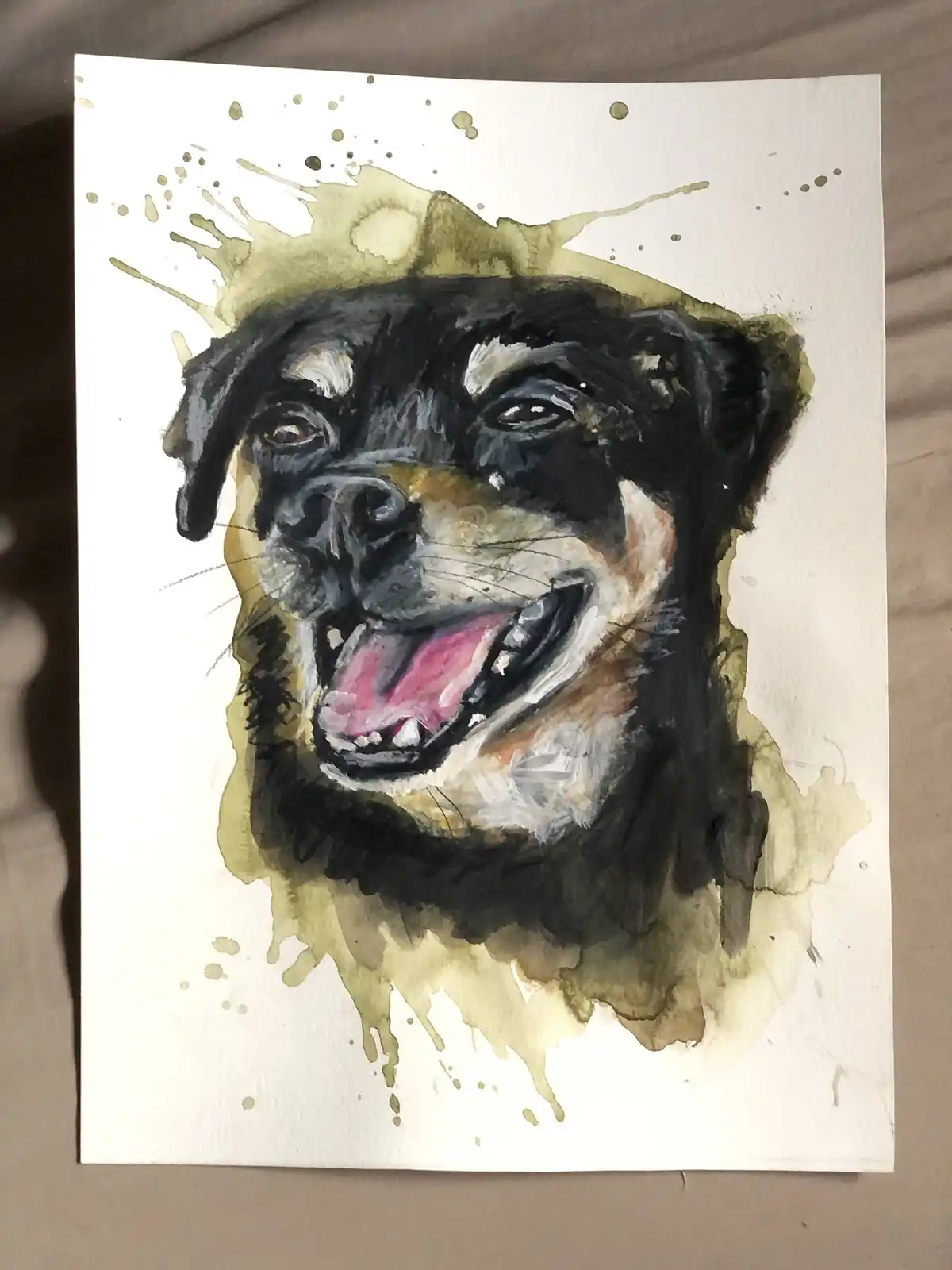 A watercolor painting of a black and tan dog with a wide, joyful grin, its head surrounded by a messy, splattered…
