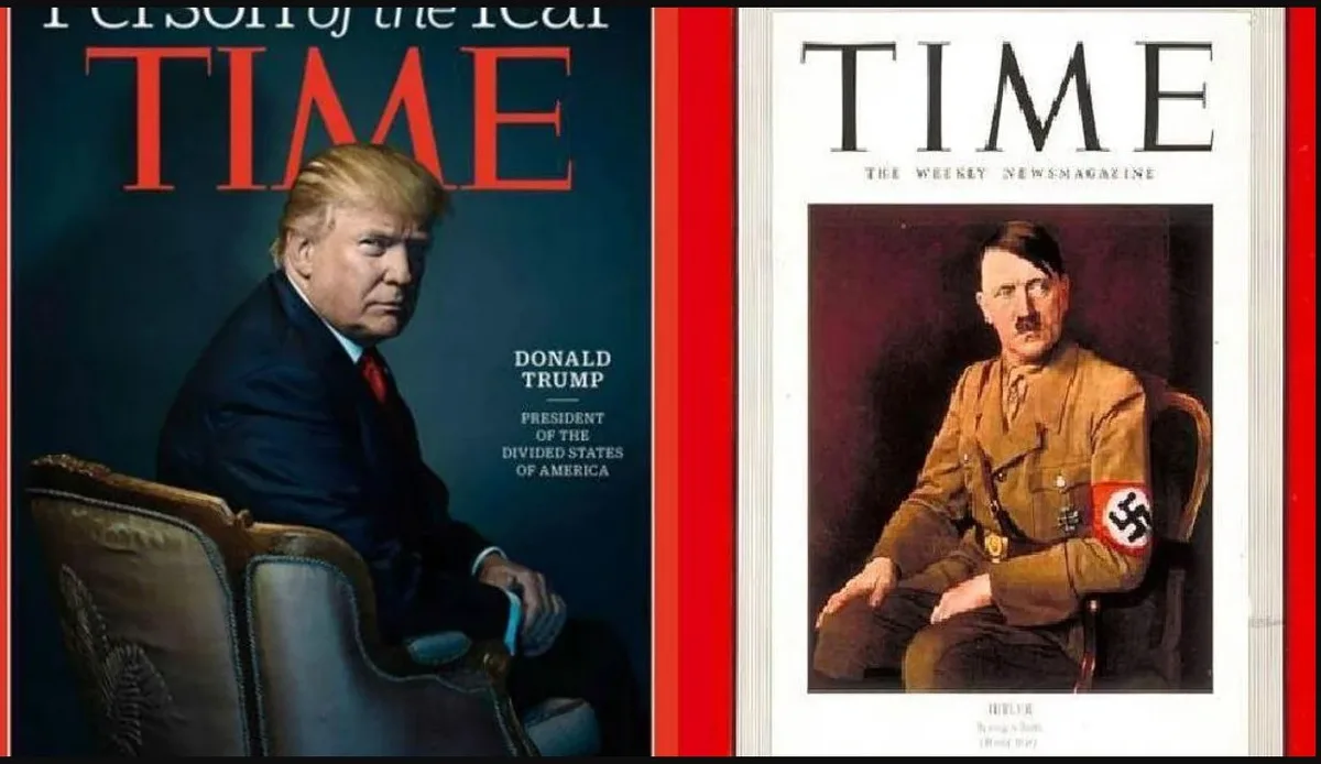The image displays two side-by-side TIME magazine covers. The left cover features Donald Trump seated in a chair, with the…
