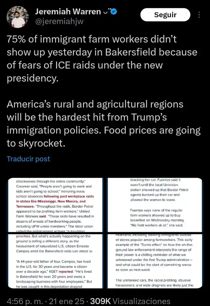A screenshot of a Twitter post by Jeremiah Warren showing a news article about 75% of immigrant farm workers not showing up…