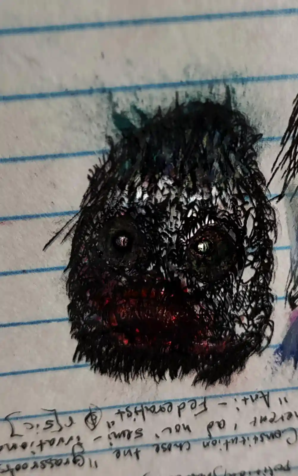 A crudely drawn, unsettling creature with black scribbled fur, glowing eyes, and a red, textured mouth is drawn on lined…