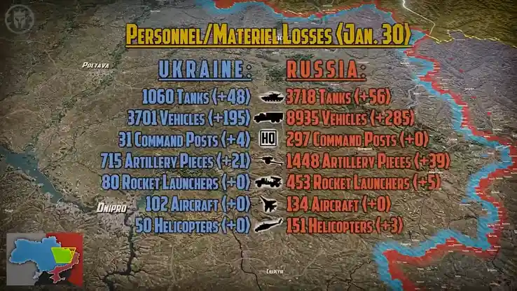 A military infographic titled 'PERSONNEL/MATERIEL LOSSES (JAN. 30)' displays Ukraine's and Russia's combat losses…