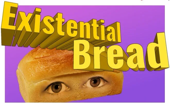 A loaf of bread with two human eyes peeking out from the top, set against a solid purple background. Large, bold, yellow 3D…