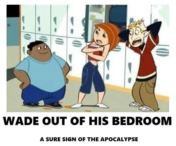 Three cartoon characters stand in a school hallway with lockers behind them. A large boy in a blue shirt stands with a smug…