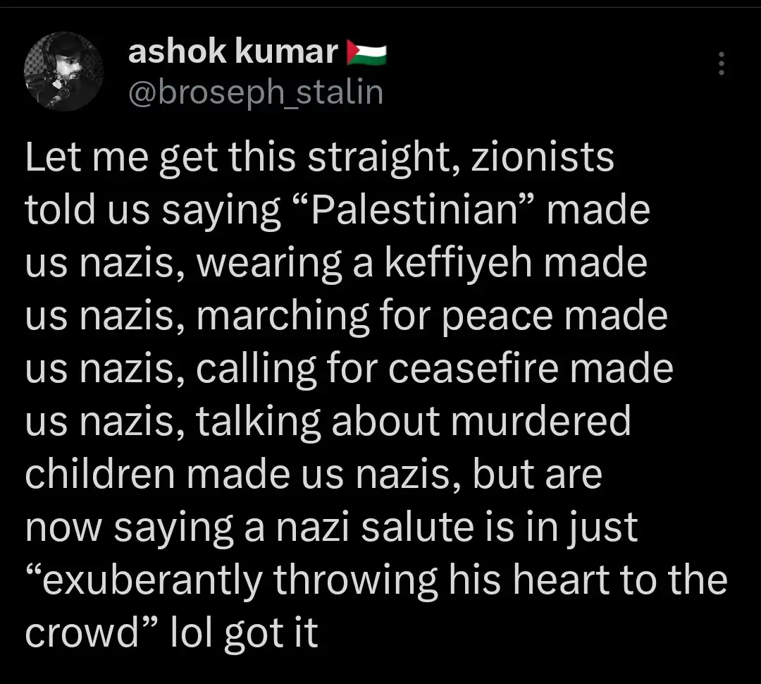 A screenshot of a tweet by user 'ashok kumar' with a Palestinian flag emoji, displaying a block of white text on a black…