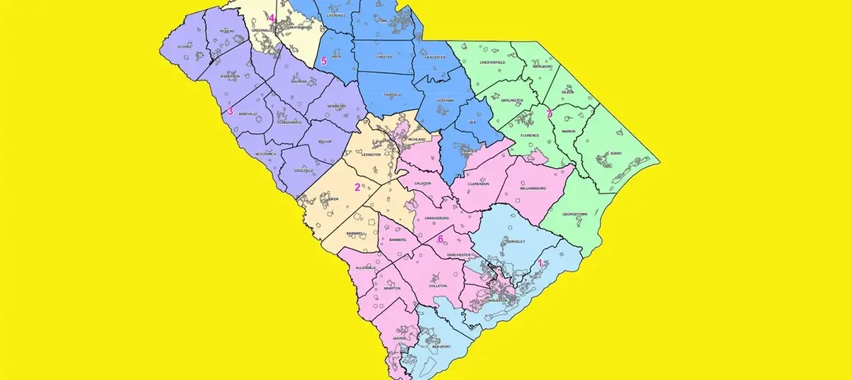 A colorful map of South Carolina with counties divided into seven numbered regions, each labeled with a county name and…