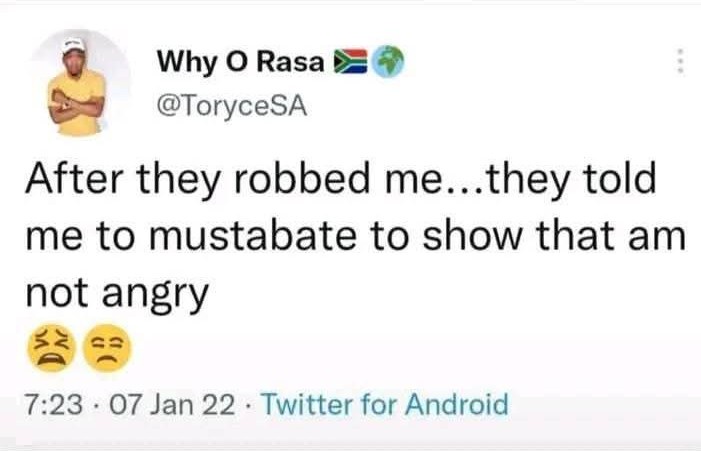 A screenshot of a Twitter post by user 'Why O Rasa' (@ToryceSA) with a profile picture of a man in a yellow shirt and white…