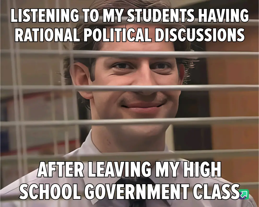 A man in a white shirt and tie smiles through office blinds, with text overlaid that reads 'LISTENING TO MY STUDENTS HAVING…