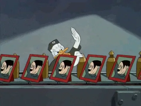 A cartoon duck in a military uniform stands before a row of framed portraits of Adolf Hitler, initially saluting, then…