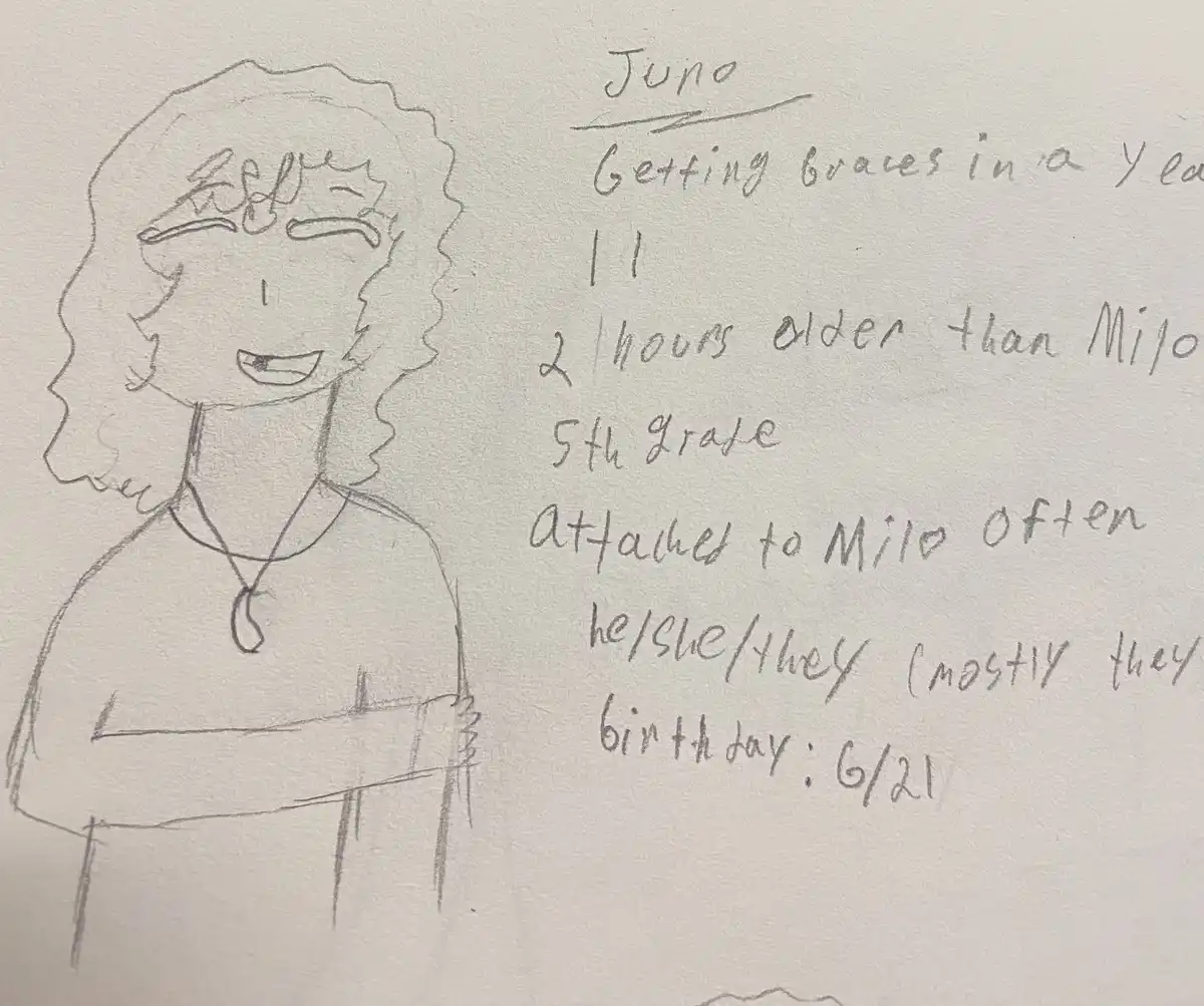 A hand-drawn pencil sketch of a smiling person with curly hair and a necklace, next to handwritten text listing details…