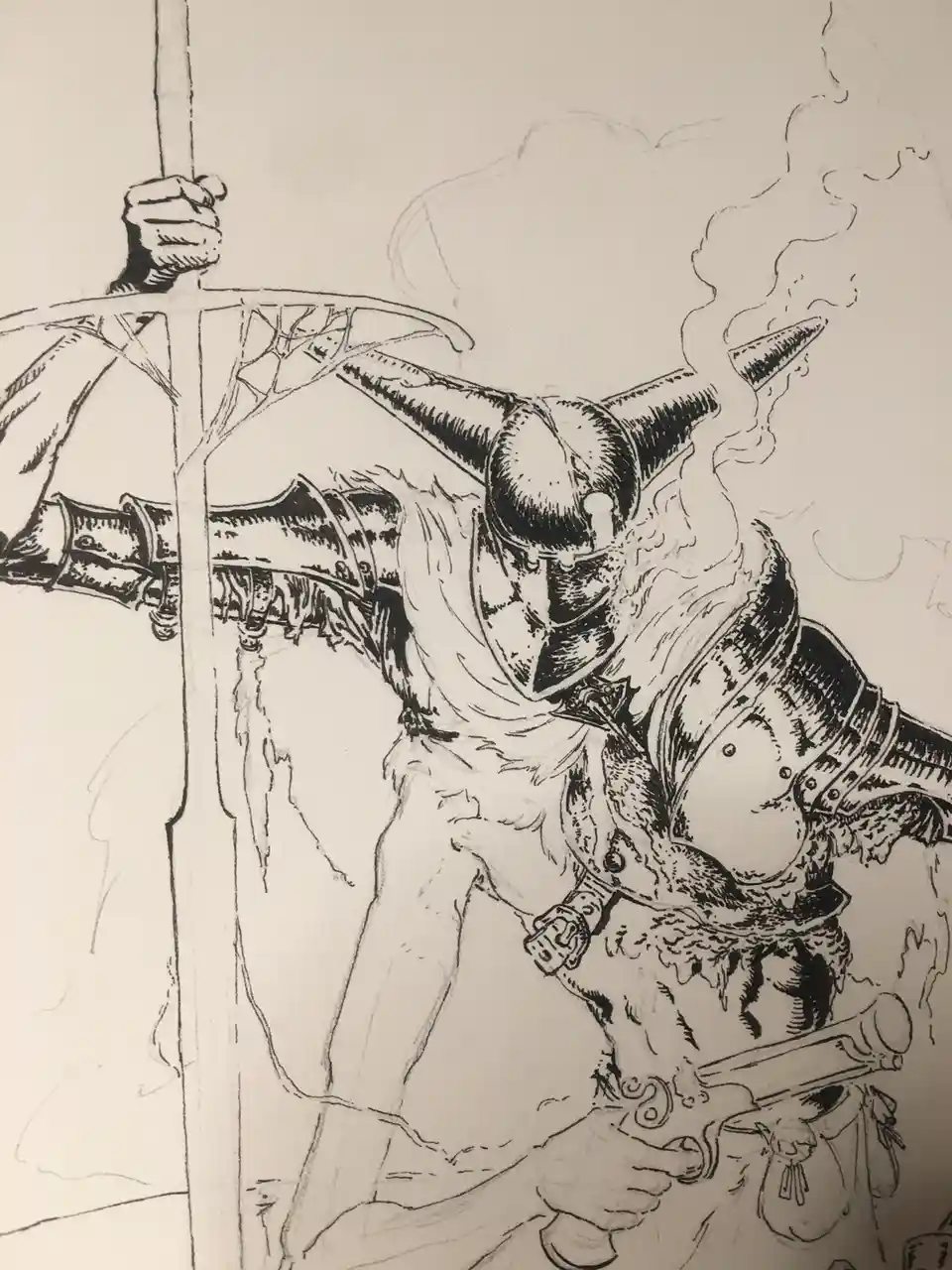 A black-and-white sketch depicts a heavily armored knight in a dynamic, battle-ready pose, holding a large sword in one hand…