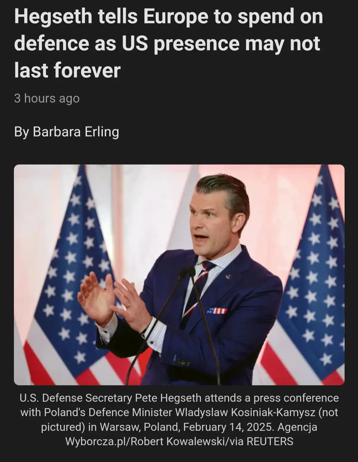 A screenshot of a news article shows U.S. Defense Secretary Pete Hegseth speaking at a podium with two American flags behind…