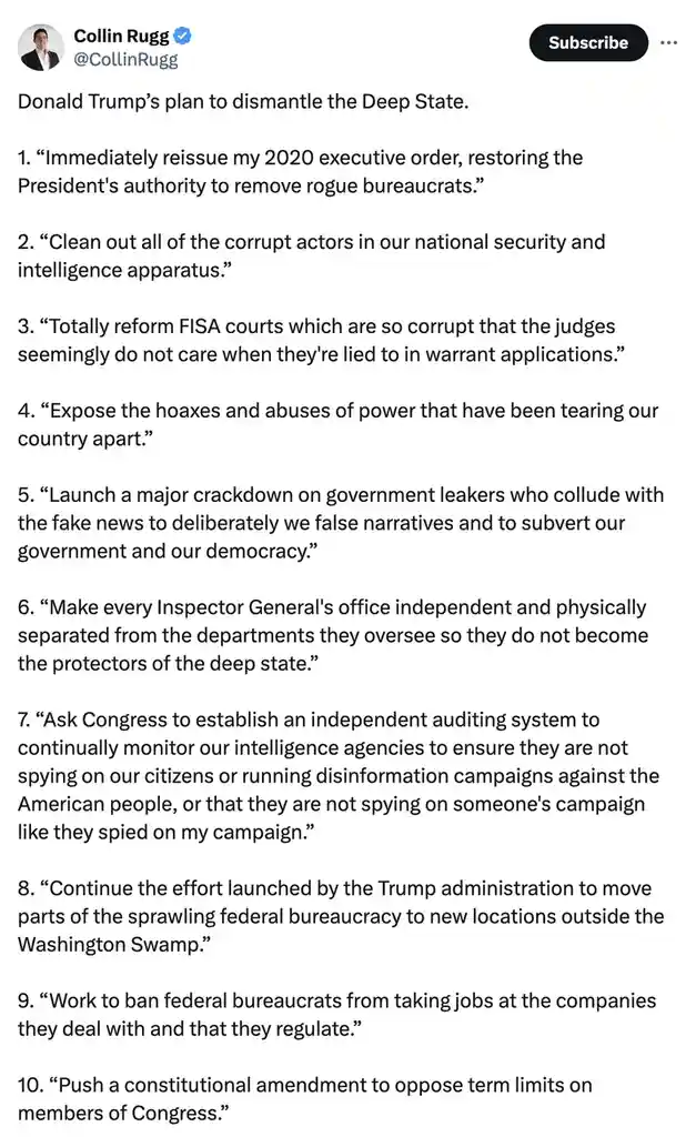A screenshot of a tweet by Collin Rugg listing ten points as 'Donald Trump's plan to dismantle the Deep State,' each…