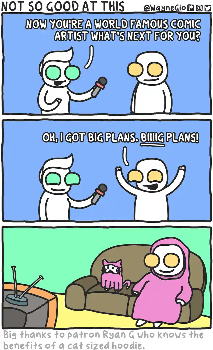 A three-panel comic shows a white cartoon character with green eyes being interviewed by a reporter. The interviewee…
