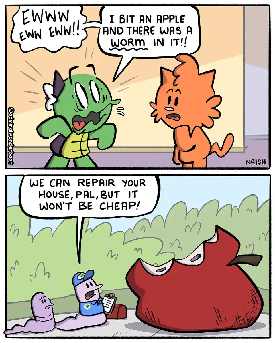 A two-panel comic shows a green character vomiting in disgust after eating an apple with a worm, while an orange cat looks…