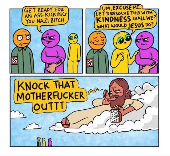 A three-panel comic strip shows a purple Nazi-like figure threatening a yellow figure. A yellow figure intervenes, asking…