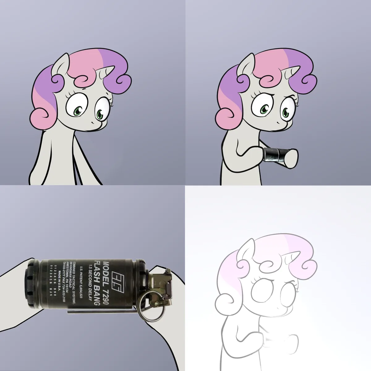 A four-panel meme shows a cartoon pony with pink and purple hair looking innocent, then holding a black flashbang grenade…