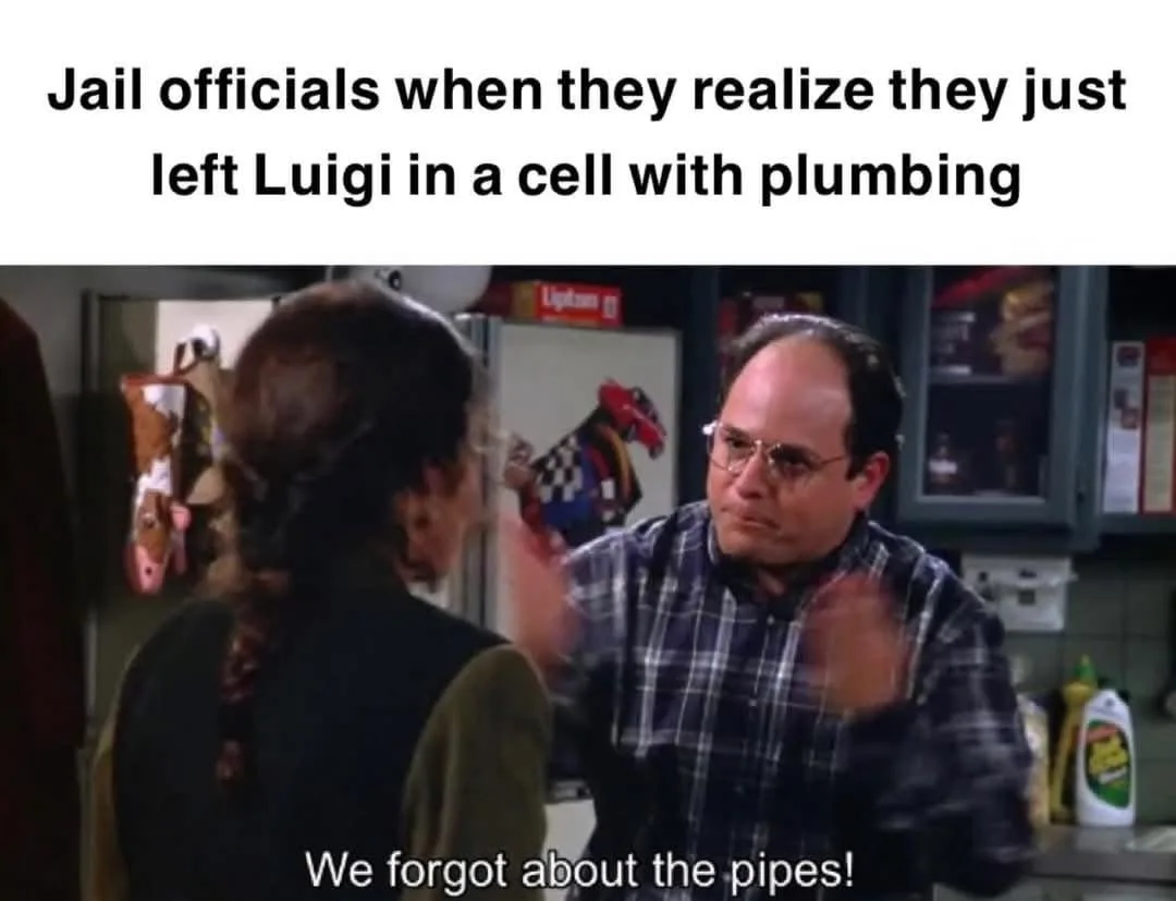 A man in a plaid shirt and glasses, looking panicked and gesturing frantically, says 'We forgot about the pipes!' while…