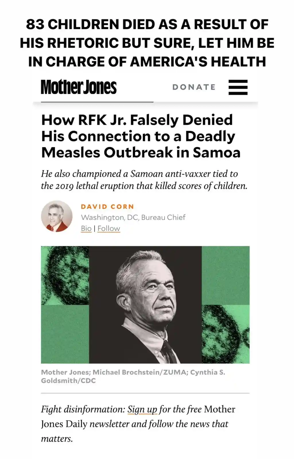 The image is a screenshot of a Mother Jones article about RFK Jr. and his connection to a measles outbreak in Samoa. The…