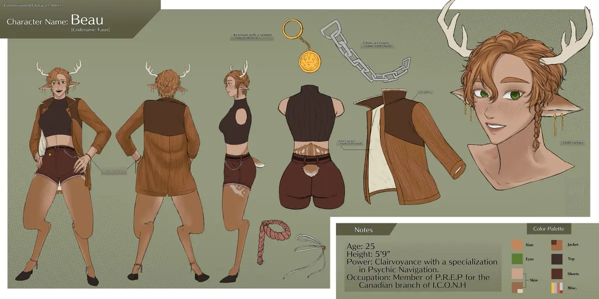 This is a character design sheet for a female faun named Beau, shown in multiple poses with antlers, pointed ears, and a…