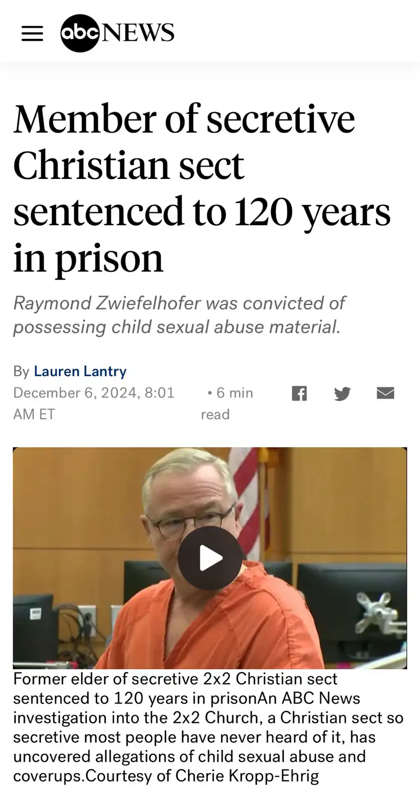 An abcnews.com article screenshot shows a man in an orange prison jumpsuit in a courtroom, with a play button overlay. The…