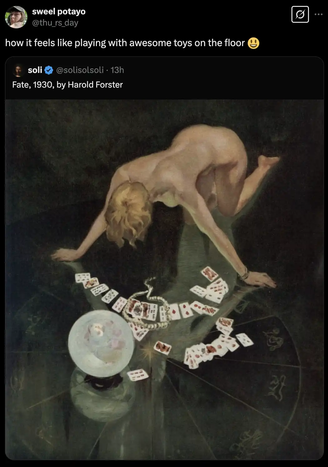 A painting shows a nude woman bent over a dark floor, arranging scattered playing cards around a crystal ball. The overlaid…