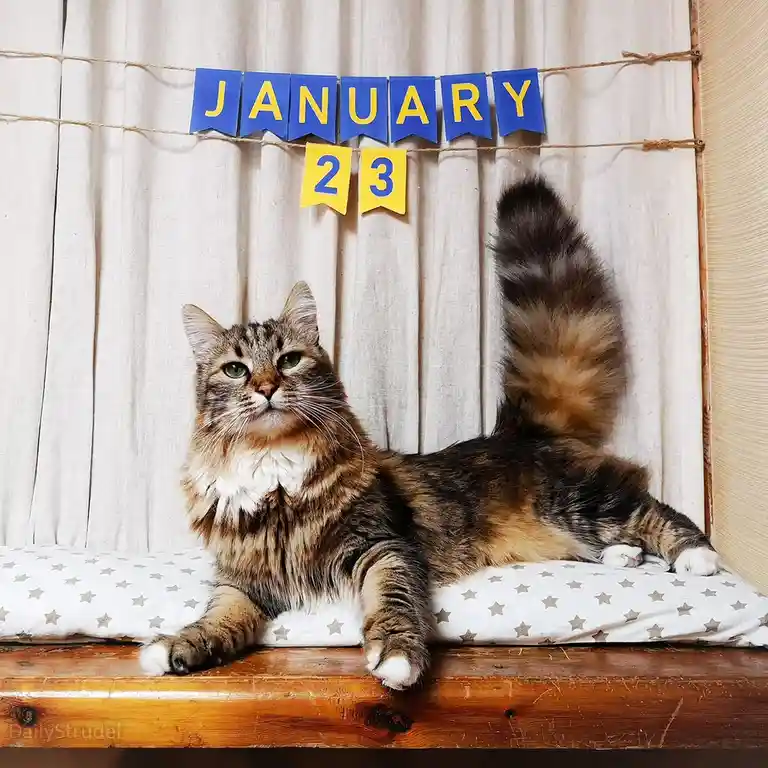 A fluffy tabby cat with green eyes and a bushy tail lounges regally on a star-patterned cushion atop a wooden surface…