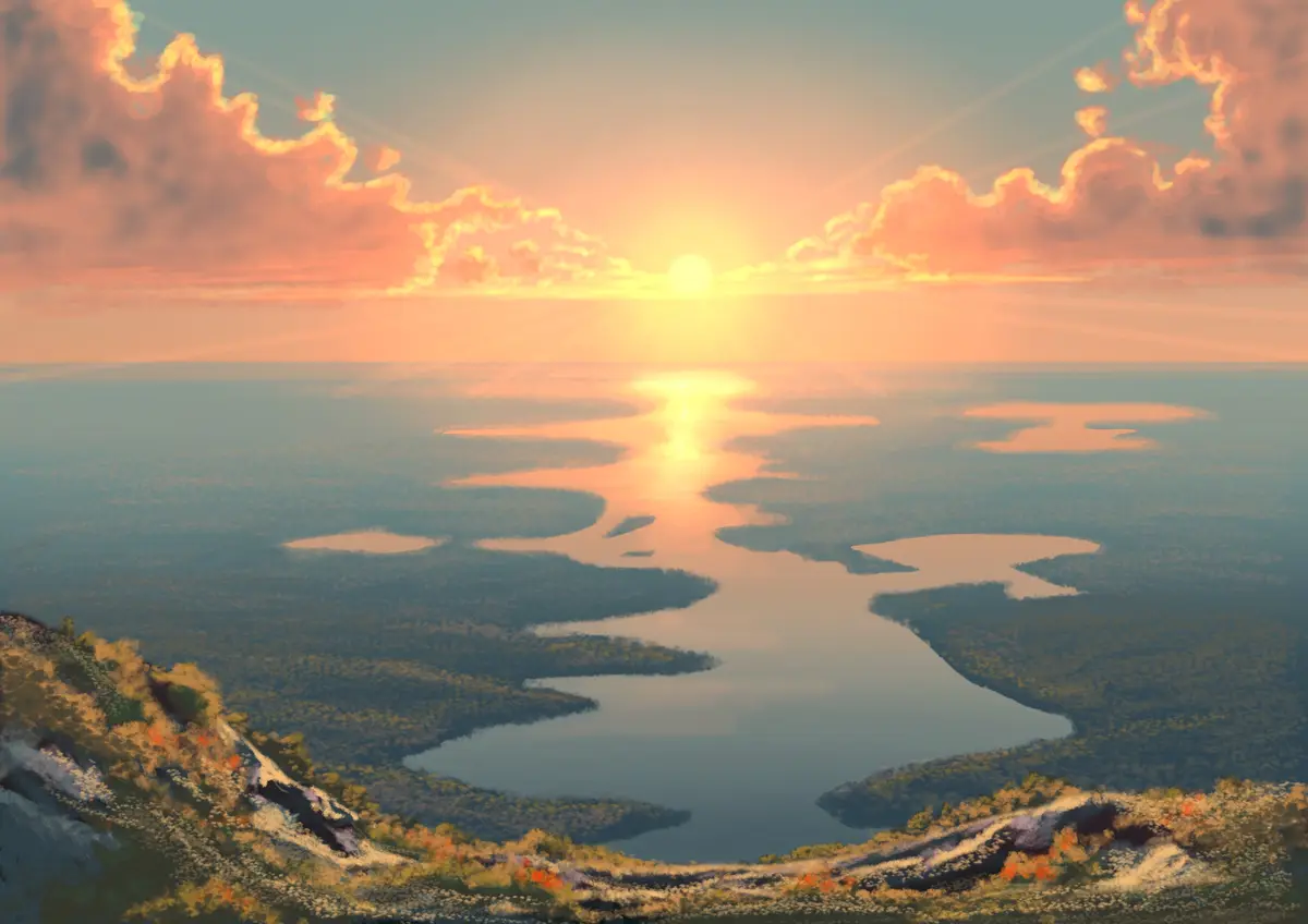 A serene digital painting depicts a breathtaking sunset over a winding river cutting through a dense forest, with the sun…