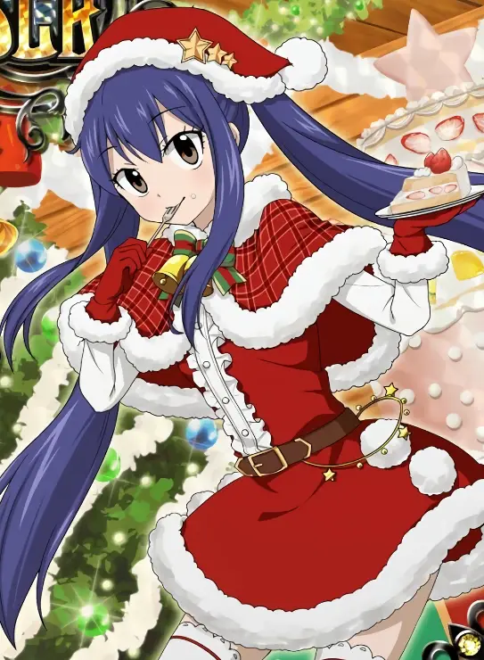 An anime girl with long blue hair wears a red and white Santa outfit with stars and holds a slice of cake while standing in…