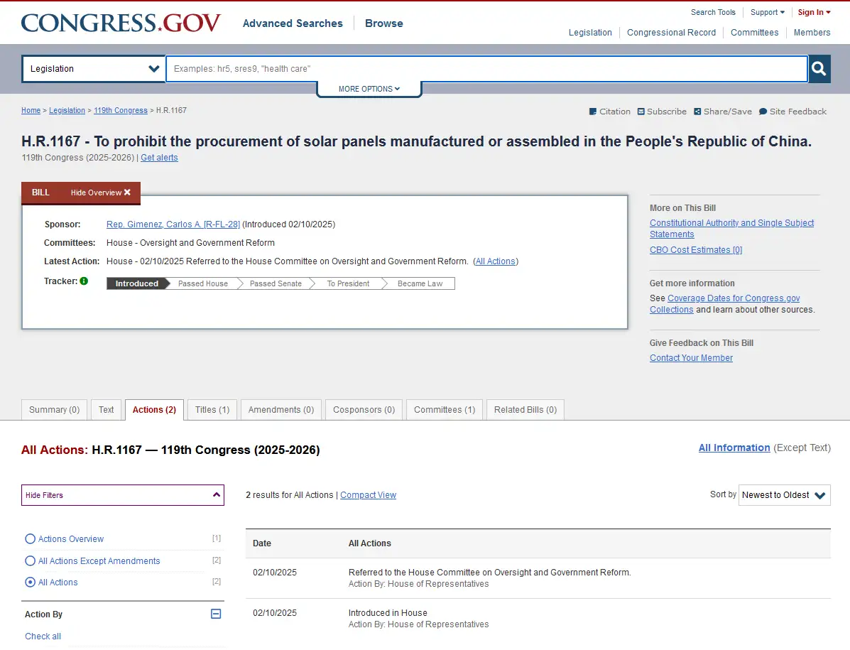 A screenshot of the Congress.gov webpage showing bill H.R.1167, which aims to prohibit the procurement of solar panels made…