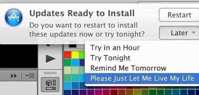 A macOS software update notification dialog box asks the user to restart to install updates, offering options like 'Try in…